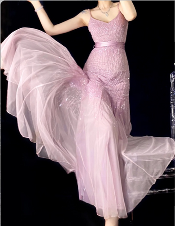 Niulatu Spaghetti Strap Sheath Pink Long Prom Dresses Chiffon Beaded Pink Long Formal Dresses HZ1026